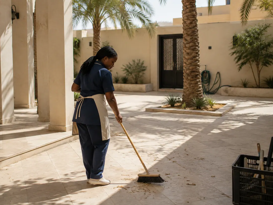 عاملة منزلية تكنس فناء فيلا مظللاً في الرياض